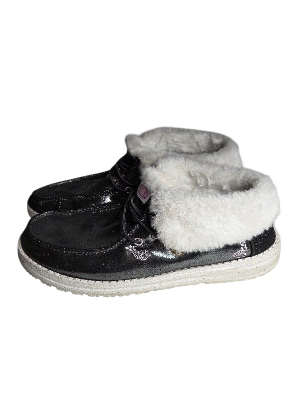 Hey Dude Black Wendy Fold Metallic Shine Fuzzy Cozy Slip On Shoe Womens 9